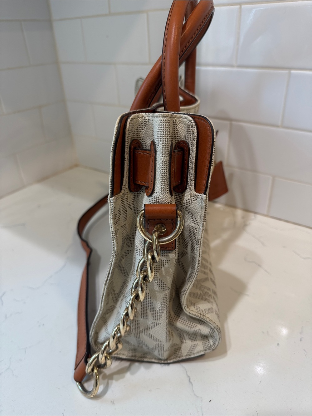 Michael Kors Cream Logo Canvas Satchel with Brown Leather Trim - Picture 5 of 12